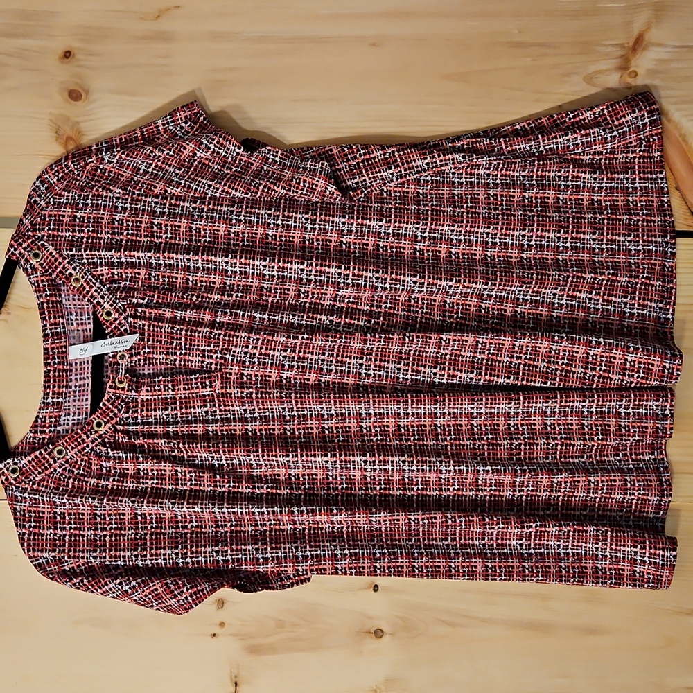 NY Collection 2X Extended Sleeve Top with Grommets Rose Black Evolre Plaid NWOT